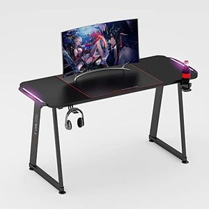 eXcape Mesa de Juego 140cm (+10cm Extensiones) x 60cm con Luces LED - Patas en A, Look Carbono, Mesa de Gaming - con Soporte de Bebidas y Auriculares - Mesa de PC, Gamer Desk