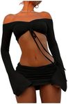 GORGLITTER Women's Two Piece Sexy Outfit Off Shoulder Drawstring Ruched Crop Tee Mini Skirt Set Black Large