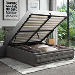 Oikiture Queen Bed Frame with Storage Space Gas Lift Bed Mattress Base Grey