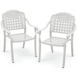 COSTWAY 2 PCS Outdoor Garden Chairs, Stackable All Weather Cast Aluminum Chairs with Armrests and Curved Seats, Patio Bistro Dining Armchair Set for Backyard Porch Poolside (White, Grid Pattern)