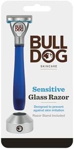 Bulldog Skincare for Men - Sensitive Glass Razor | Reduce Skin Irritation | Premium Glass Handle | Recycled Packaging | Lubricating Strip with Baobab Oil | Razor Stand | Smooth & Comfortable Shave