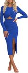 Pink Queen Long Sleeve Slim Bodycon Dress Outfits for Women Date Night Fashion Crisscross Ruched Empire Waist Split Ribbed Midi Dress Sapphire Blue L