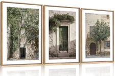 HOURIA Vintage Italy City Landscape Framed Canvas Wall Art, 3Pcs 16"x24" Country Farmhouse Wall Decor, Green Olive Tree Old House Photography Wall Painting, Modern Art Print for Living Room, Bedroom