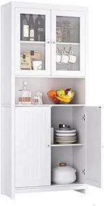 FOREHILL 190cm Alacena Cocina, Mueble Aparador Comedor, Mueble Auxiliar de Cocina, Mueble Almacenaje, con 2 Puertas de Madera, 2 Puertas de Vidrio, Blanco, 84x32x190cm