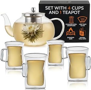 40 Oz Unique Tea pot Set, Glass teapot Set with 4 double wall insulated Glass Cups, Tea Kettles Stovetop, Tea maker With Infusers For Loose Tea, Infuser Glass tea Kettle, Perfect Mom Gift