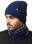 AMOLDO Winter Woolen Unisex Knit Beanie Cap And Neck Warmer Set With Fur Lining | Hat And Scarf Soft And Warm Combo Set For Men And Women (IN, Alpha, Free Size, Navy, Beanie Neckset)