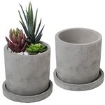 Set of 2 Modern 4-Inch Gray Unglazed Cement Succulent Planter Pots with Removable Saucer