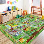 Capslpad Kids Rug 6'6" x 5'0" Educational Learning Kids Play Area Rug Large Traffic Road Cars Rug Play Mat for Kids Toy Nursery Rug Kids Car Carpet for Playroom Living Room Classroom Decor Green