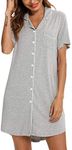 Samring Nightgown for Women Sleep Shirt Short Long Sleeve Sleepwear Boyfriend Nightshirt Button Down Pajama Dress S-XXL, Short Sleeve-light Grey, XX-Large