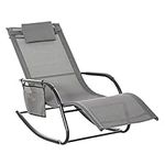 Outsunny Outdoor Garden Rocking Chair, Patio Sun Lounger Rocker Chair with Breathable Mesh Fabric, Removable Headrest Pillow, Armrest, Side Storage Bag, Grey