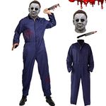 Michael Myers Costume for Adults 3PCS Mens Halloween Michael Myers Mask and Blood Smudged Knife Horror Cosplay Costume Set For Halloween Fancy Dress Theme Party Work Overalls Navy Blue Jumpsuit,3XL