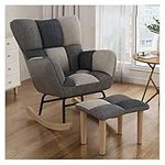 Modern Accent Rocking Nursery Chair Glider Chair with Foot Stool,Tufted High Wingback Leisure Rocker Recliner Chair with Upholstered Comfy Cushion,for Living Room/Bedroom (Color : Gray-2)