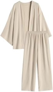 ZAFUL Women 2 Pieces Pants Set Outfits Loose Fit Casual Linen Cardigen with Waist Wide Lounge Set (Light Coffee M)