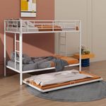 Rask Wood Metal Bunk Bed with Trundle | Heavy Duty Triple Sleeper Bed Frame | Space Saving Double Deck Bed with Ladder & Safety Guard Rails for Kids & Adults | White | 75" x 39" x 65.3"