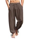 COOFANDY Men's Cotton Linen Pants Causal Harem Pants Elastic Waist Beach Boho Yoga Trousers, Brown, Medium