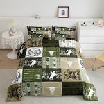 Manfei Cowboy Comforter Set Full Size, Bull Skull Horse Arrow Quilt Set with 2 Pillowcases, Army Green Lattice Patchwork Bedding Set 3pcs for Kids Boys Bedroom Decor Western Duvet Insert