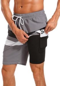 difficort Mens Swimming Trunks with Compression Liner Quick Dry Board Shorts Swimsuit with Zipper Pockets,Gray & Black & White Stripe,XX-Large