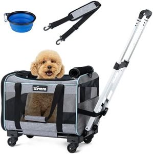 Xevera Dog Cat Carrier with Wheels, Airline Approved Pet Carrier for Cats Dogs 15lbs 20 lbs with Double-Sided Mat, Safety Leash and Shoulder Strap, Grey