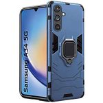 TheGiftKart PC Tough Armor Bumper Back Case Cover For Samsung Galaxy A34 5G | Ring Holder & Kickstand In-Built | 360 Degree Protection Back Case Cover For Samsung Galaxy A34 5G (Greyish Blue)