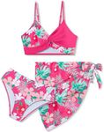 Girls Swimsuit, Bathing Suits 3 Piece Tropical Floral Twist Cross Bikini Sets Girls' Swimwear with Cover Up Skirt 7-16T, Pink, 13-14