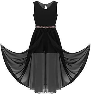 FEESHOW Kids Girls V Neck Rhinestone Chiffon Flower Girl Dress Short Romper Maxi Dress Wedding Pageant Birthday Party Gown Black 10