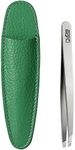 Rubis Tweezers - Eyebrow Tweezers Slanted in Green Leather Tweezers Case - Professional Tweezers for Eyebrow Plucking