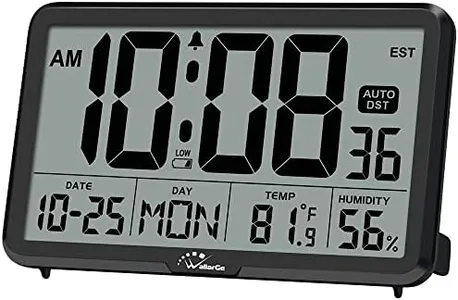 WallarGe Auto Set Digital Wall Clock Battery Operated, Desk Clocks with Temperature, Humidity and Date, Large Display Digital Calendar Alarm Clock for Elderly, Bedroom, Office, 8 Time Zone, Auto DST.