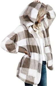CHICGAL Womens Winter Fuzzy Hooded Cardigans Long Sleeve Jacket Open Front Sherpa Coat with Pocket (Brown White Checkered, S)