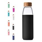 veegoal 25oz, 18oz Borosilicate Glass Water Bottles with Bamboo Lid, BPA-Free Non-Slip Silicone Sleeve, and Bonus Stainless Steel Leak Proof Lid- Reusable Water Bottles for Women and Men (18 Oz, Black)