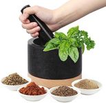 Mortar and Pestle Set with Wood Base, Granite Grinder Bowls for Guacamole, Polished Non Scratch Salsa Avocado Bowl, Cooking Spices and Seasoning, Kitchen Accessories