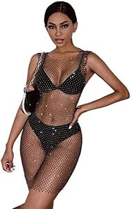 Formery Sexy Mesh Swimsuit Cover Ups Sheer Rhinestone Beach Sleeveless Coverups Fishnet Hollow Out Dress Body Chains, Black, 6