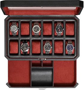 ROTHWELL 12 Slot Leather Watch Box with Valet Drawer - 12 Slot Luxury Watch Case Display Organizer, Microsuede Liner, Mens Accessories Holder, Jewelry Case, Jewelry Display Organizer (Black/Red)