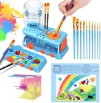 Velachuan Paint Brush Cleaning Kit for Kids with 5 Brushes, Art Smock, Washable Mat, Guidebook, Spiral Brush Cleaner Jar for Watercolor (Blue)