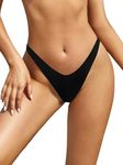 SHEKINI Women Thong Bikini Bottoms V Cut High Leg Cheeky Brazilian Swimsuit Bottom, Black, Small