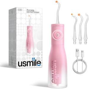 usmile C30 Cordless Water Flosser, 300ml Large Tank, 5 Pressure Levels Deep Clean, S-Shaped Nozzles for Braces & Sensitive Gums, USB-C Rechargeable, IPX7 Waterproof, Portable Travel & Home Use(Pink)