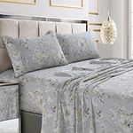 Tribeca Living Queen Bed Sheet Set, 300 Thread Count Soft Cotton Sateen, Floral Print with Extra Deep Pockets, 4-Piece Bedding Set, Colmar Silver Grey/Multicolor