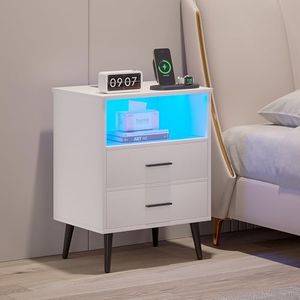 LVSOMT Solid White Nightstand with Charging Station and USB Ports, LED Nightstands with 2 Drawers, Bedside Table with Human Body Induction, Modern Night Stands for Bedroom