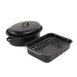 Russell Hobbs COMBO-1922 Vitreous Enamel 34cm Roaster and 36 cm Roasting Pot with Lid -Durable Steel Ovenware, Rectangular Roasting Pan with Stainless Steel Rack, Dishwasher Safe, Black