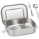 Lunbengo 1400ml Stainless Steel Lunch Containers with Lid, Metal Bento Box for Adults - Spoon and Fork - Adjustable 1 or 2 Compartments, Food Containers for School Office Travel, 8.5'' x 6.5''