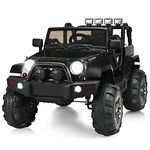 Costzon Ride On Truck, 12V Battery Powered Electric Ride On Car w/ 2.4 GHZ Parental Remote Control, LED Lights, Double Open Doors, Safety Belt, Music, MP3, Spring Suspension (Deluxe Black)