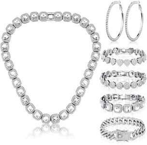 Yinkin 6 Pcs Tennis Necklaces Diamond Chain for Woman Men Link Chain Jewelry Set with Rhinestone Necklace Bracelet Earrings, Multi Style, crystal, Crystal