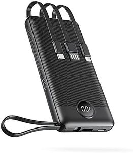 VEEKTOMX Power Bank 10000mAh, Portable Charger with Built-in Cables, USB C External Battery Pack with 5 Outputs and LED Display for iPhone/iPad/Samsung Galaxy and More (Black)