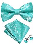 Gusleson Paisley Aqua Bow Tie Pocket Square Set for Wedding Pre-Tied Silk Bowties Handkerchief Cufflinks for Men (UK0497-25)