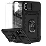 Case for iPhone X/XS Phone Case Cover - Includes 2 Tempered Protective Films with Sliding Window Camera Protection and Phone Holder - Black