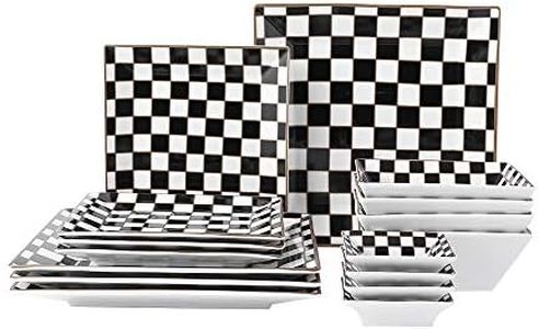 Porlien 16-Piece Dinnerware Set Service for 4, Square, Black and White Grid, Porcelain