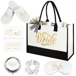 Hestya 6 Pcs Bride Gifts Bridal Shower Gifts Include Bride Tote Bag, Bride Slippers, Bride String Bracelet with Card, Makeup Mirror, White Scrunchie, Silk Eye Mask for Women Wedding Proposal Party