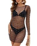 Bsubseach Swimsuit Cover Up Sheer Dresses for Women Rhinestone Dress Cover Up for Swimwear Beach Dress with Pearls Black S