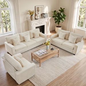 ORRD Sectional Sofa Set, Modern Chenille Couch with USB & Type-C Charging Ports, Removable Cover, Easy Assembly for Living Room Bedroom Office (1+2+3) Ivory Beige