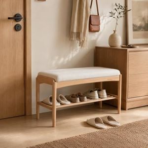 Solid Wood Shoe Bench, 40 Inch Entryway Bench with Light Gray Cushion