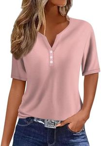 Short Sleeve Shirts for Women Summer Tops 2026 Plus Size Button Down V Neck Loose Fit T Shirts for Women Trendy Casual Boho Tops A06 Pink S